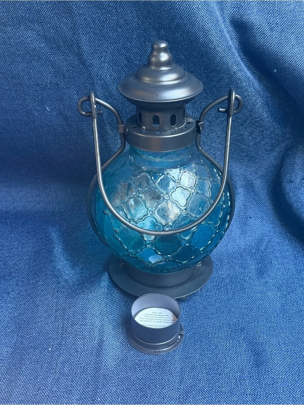 Moroccan Turquoise Blue Glass Lantern Metal Tealight Candleholder 9.5